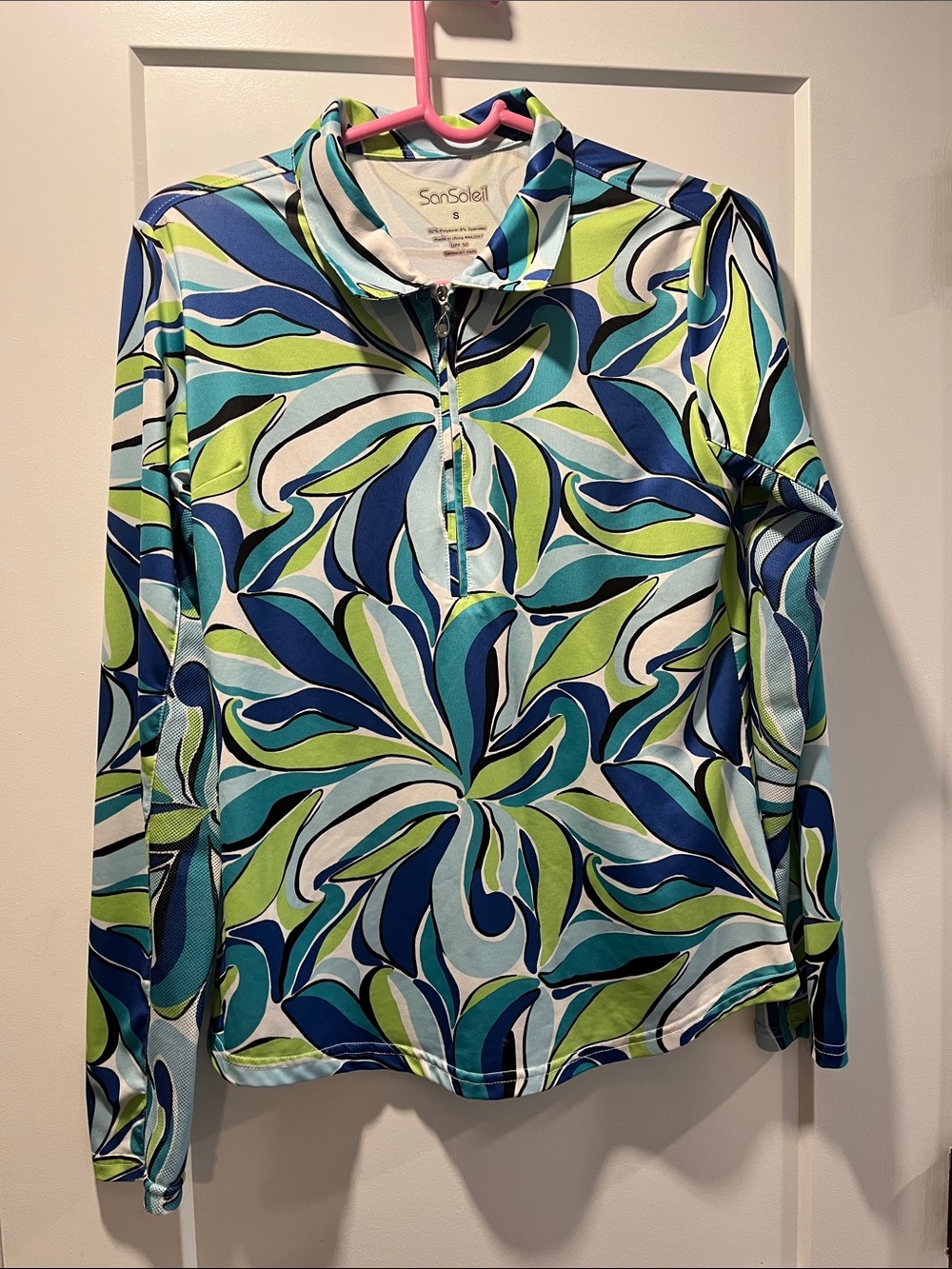 SanSoleil Women's Long Sleeve Zip Pullover - Blue & Green Swirl
